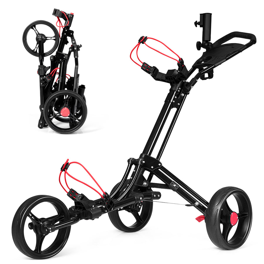 3 Wheels Golf Push Pull Cart Folding Golf Pull Trolley w/ Adjustable Handle Image 1