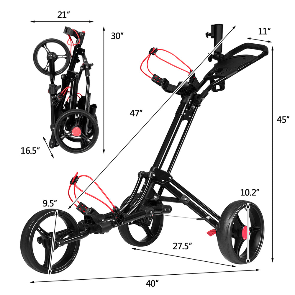 3 Wheels Golf Push Pull Cart Folding Golf Pull Trolley w/ Adjustable Handle Image 2