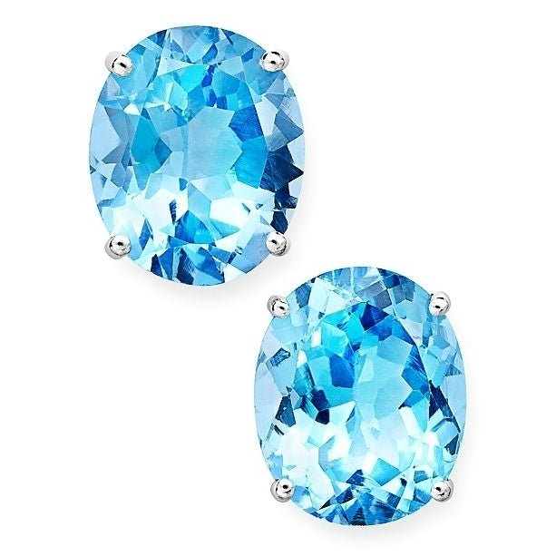 14K White Gold Plated 1 Ct Blue Topaz Round Oval Stud Earrings Image 2