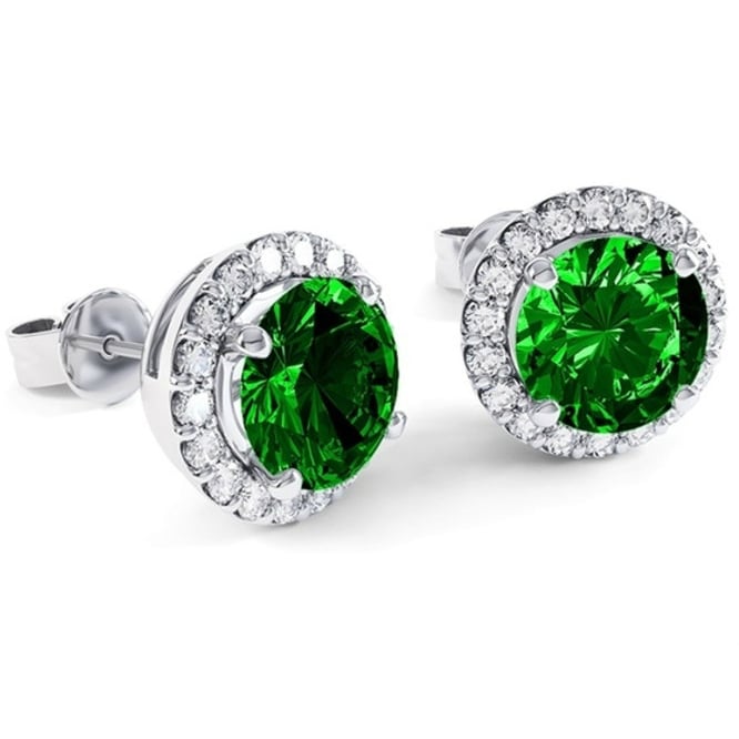 Green Emerald Halo Stud Earrings White Gold Plated Detailed Sides Pushback Image 2