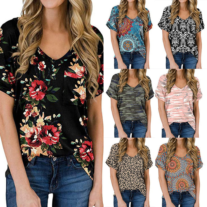 V-neck printed rolled-up sleeve loose T-shirt Image 1