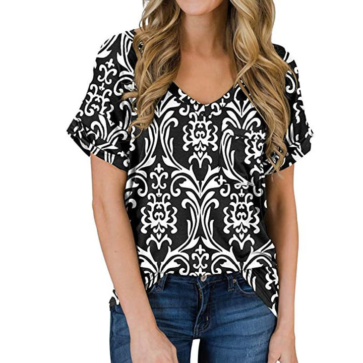 V-neck printed rolled-up sleeve loose T-shirt Image 2