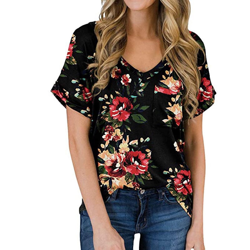 V-neck printed rolled-up sleeve loose T-shirt Image 3