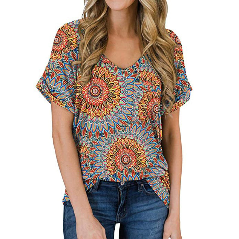 V-neck printed rolled-up sleeve loose T-shirt Image 4