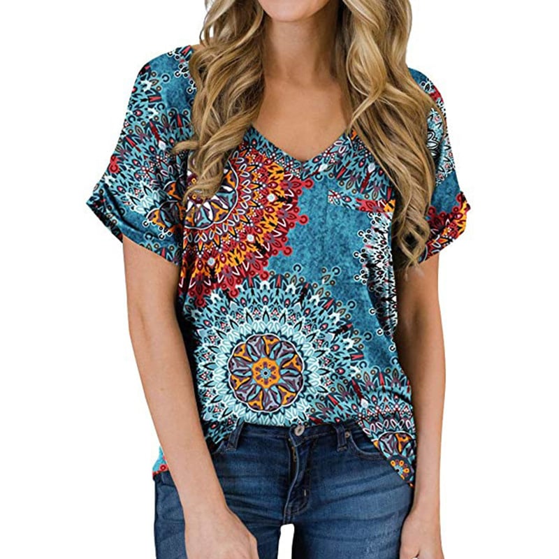 V-neck printed rolled-up sleeve loose T-shirt Image 6