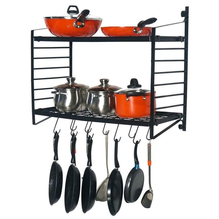 2 Tiers Metal Kitchen Wall Mounted Pot Pan Rack Cookware Hanging Storage w/Hooks Image 1