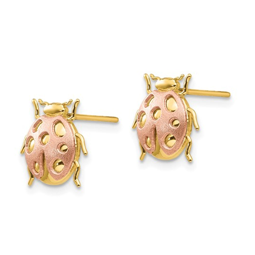 14K Yellow and PInk Gold Ladybug Charm Post Earrings Image 2