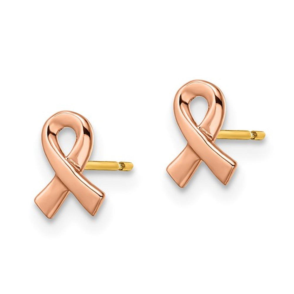 14K Rose Pink Gold Ribbon Awareness Post Earrings Image 3