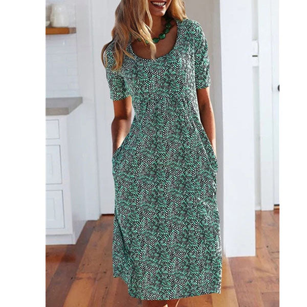 Summer Pockets Midi Dress Women Short Sleeve Dresses Image 4