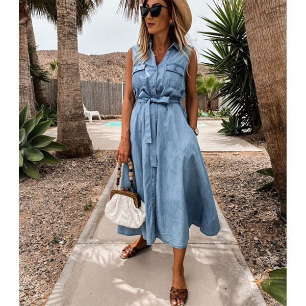 Sleeveless Long Lace-up Single-breasted Denim Dress Image 1