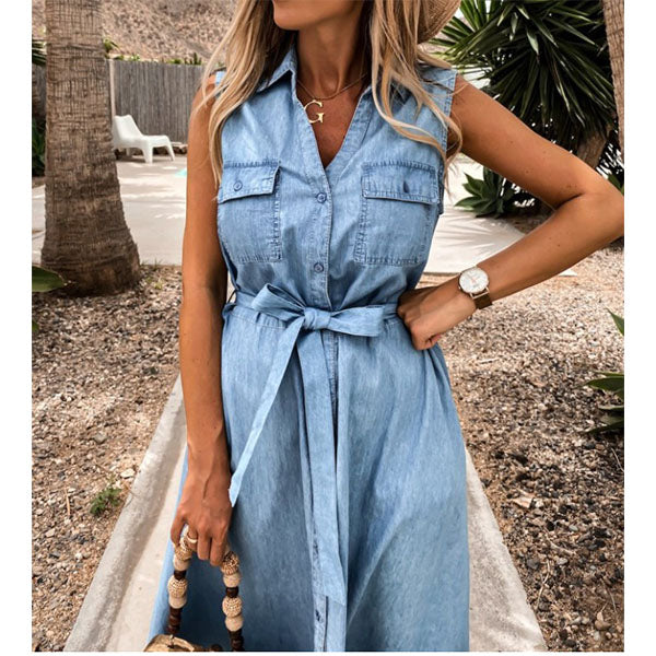 Sleeveless Long Lace-up Single-breasted Denim Dress Image 2