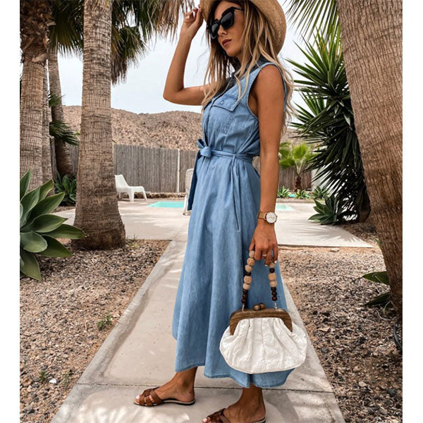 Sleeveless Long Lace-up Single-breasted Denim Dress Image 3