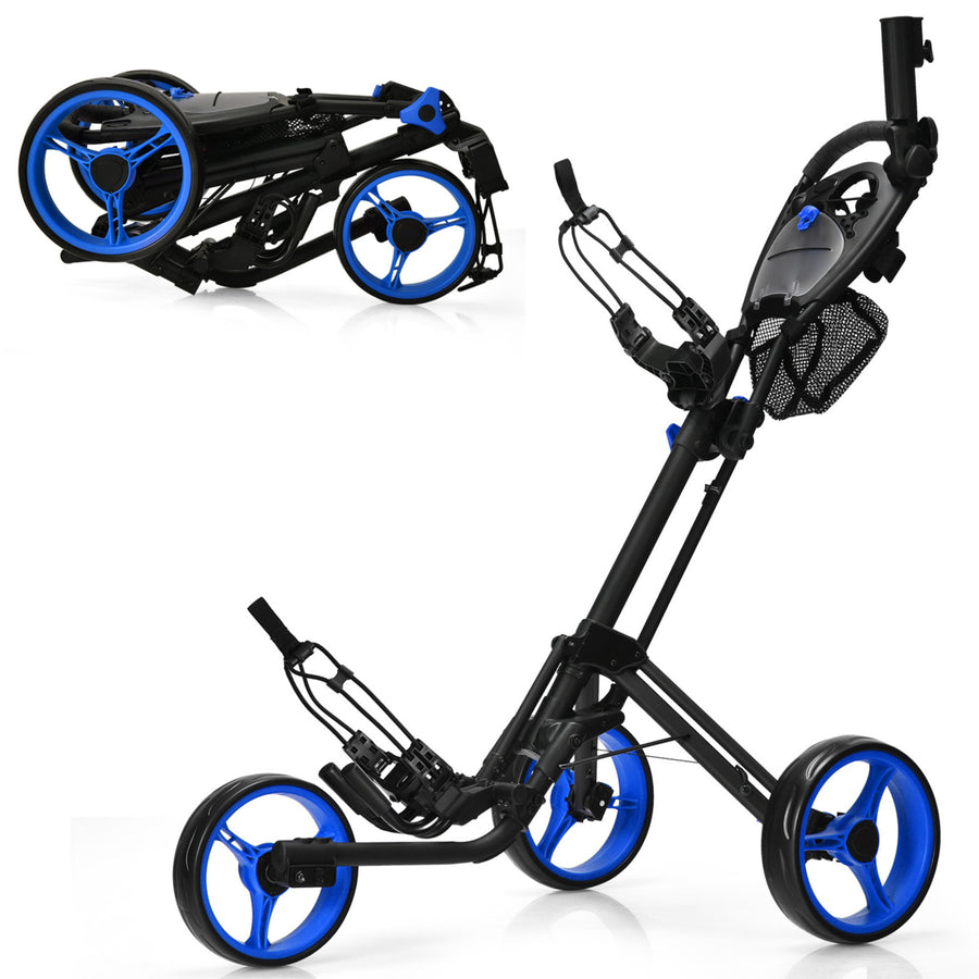 3 Wheels Foldable Golf Push Pull Cart Trolley w/ Mesh Bag Foot Brake Image 1