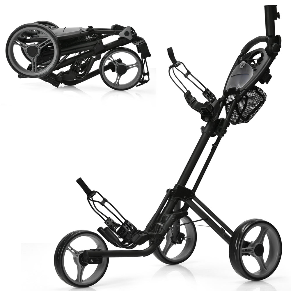3 Wheels Foldable Golf Push Pull Cart Trolley w/ Mesh Bag Foot Brake Image 2
