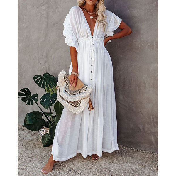 Flared Sleeve Solid Color Button Maxi Dress Image 3