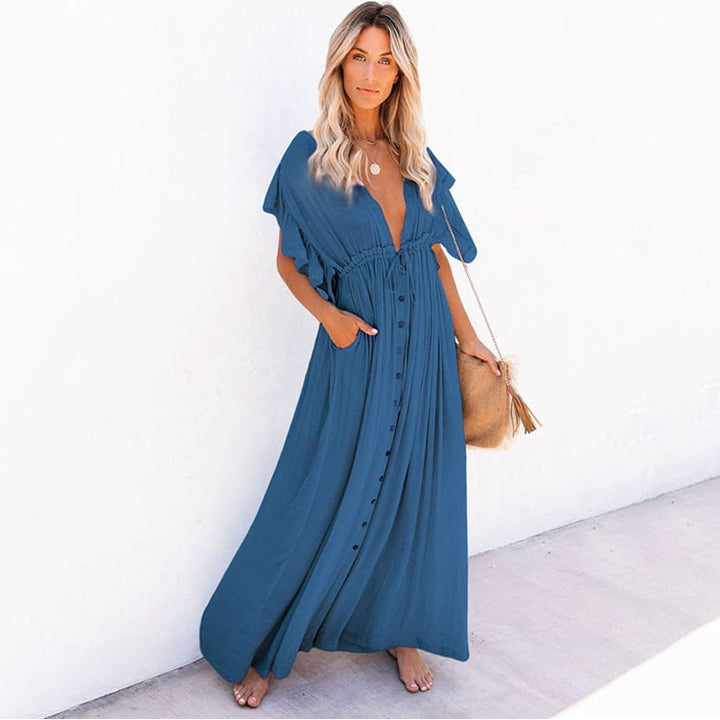 Flared Sleeve Solid Color Button Maxi Dress Image 1