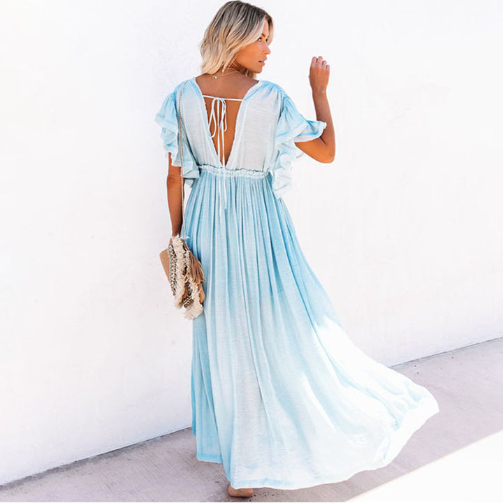 Flared Sleeve Solid Color Button Maxi Dress Image 8