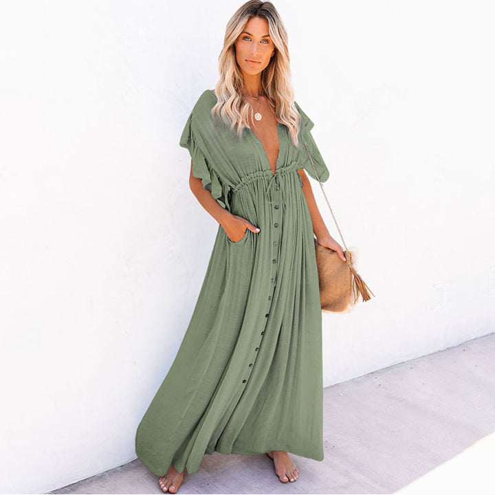 Flared Sleeve Solid Color Button Maxi Dress Image 9