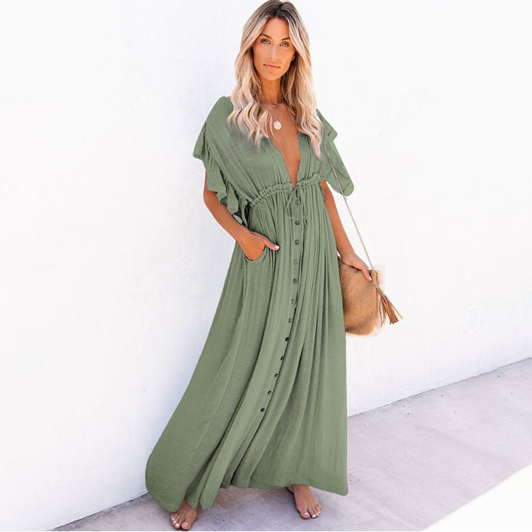 Flared Sleeve Solid Color Button Maxi Dress Image 1