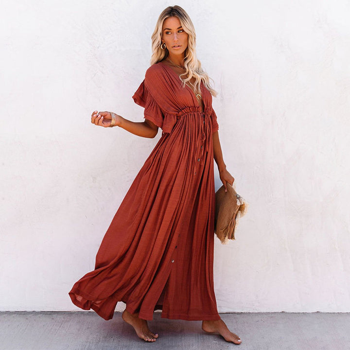 Flared Sleeve Solid Color Button Maxi Dress Image 10