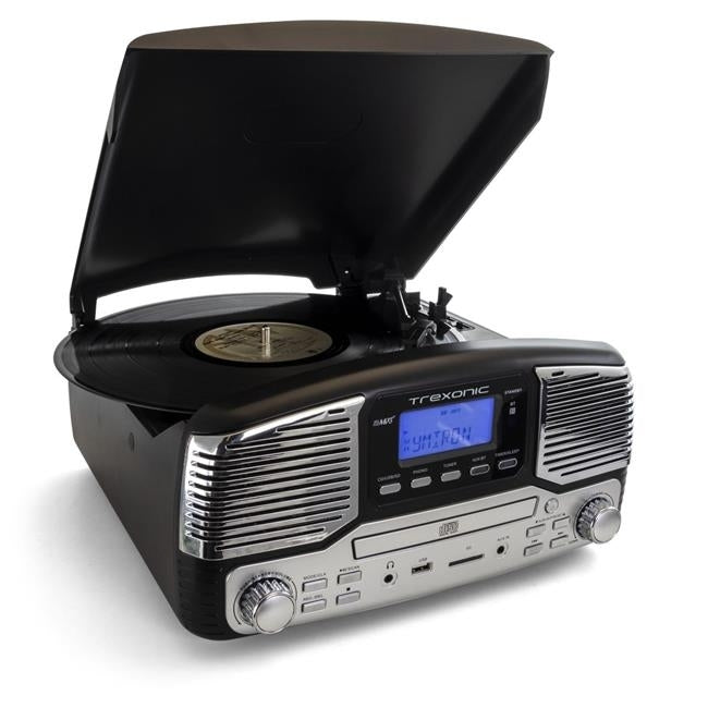 Trexonic Retro Record Player with Bluetooth, CD Players, and 3-Speed Turntable in Black Image 2