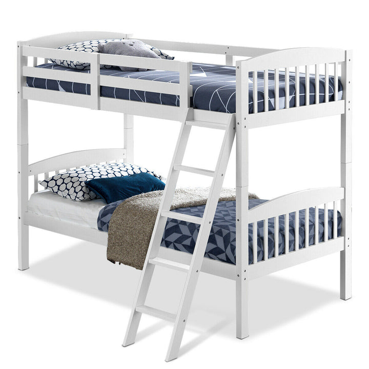 Wood Hardwood Twin Bunk Beds Convertible into 2 Individual Kid Bed Ladder White Image 3