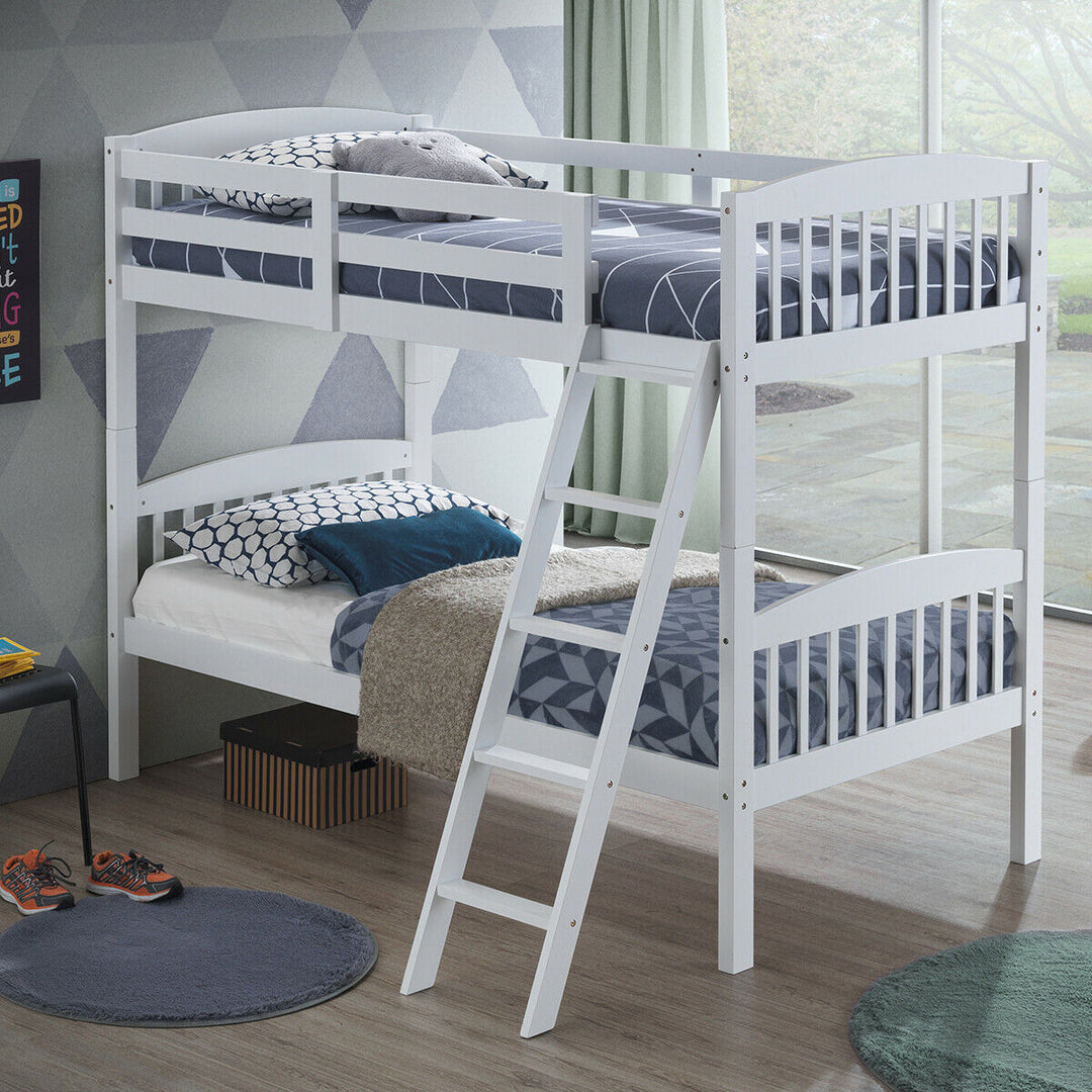 Wood Hardwood Twin Bunk Beds Convertible into 2 Individual Kid Bed Ladder White Image 1