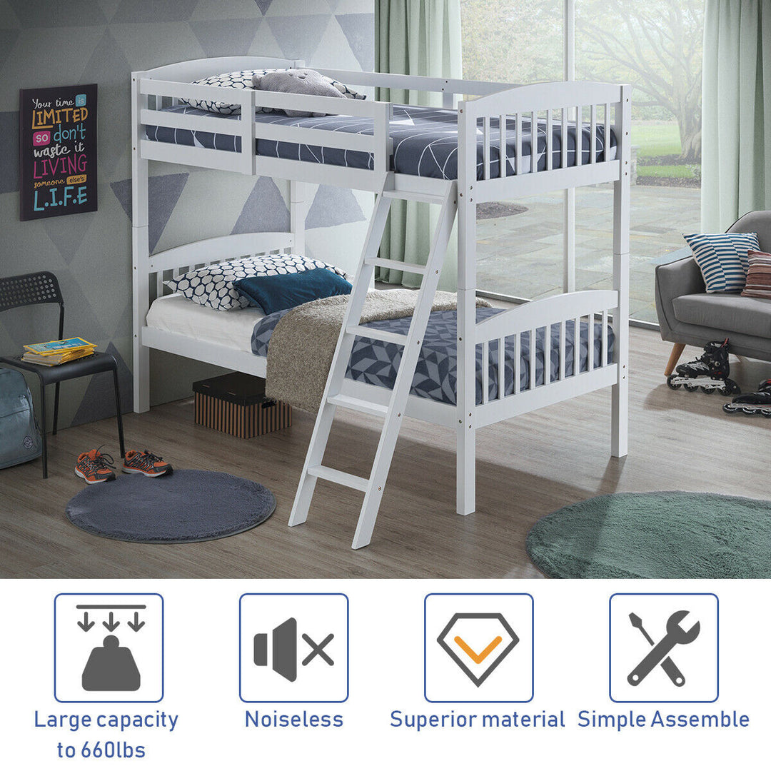 Wood Hardwood Twin Bunk Beds Convertible into 2 Individual Kid Bed Ladder White Image 7