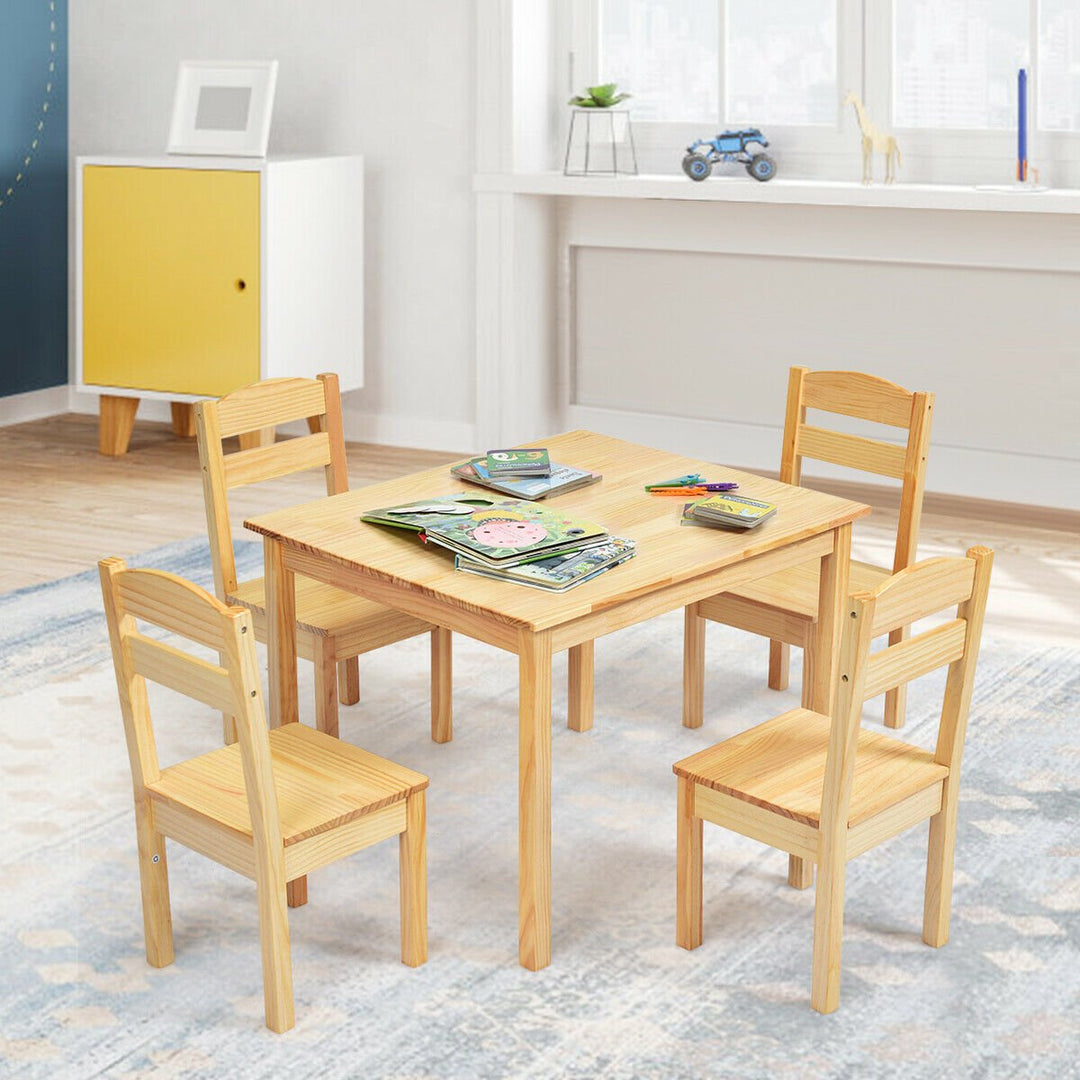 Kids 5 Piece Table Chair Set Pine Wood Children Play Room Furniture Natural Image 1