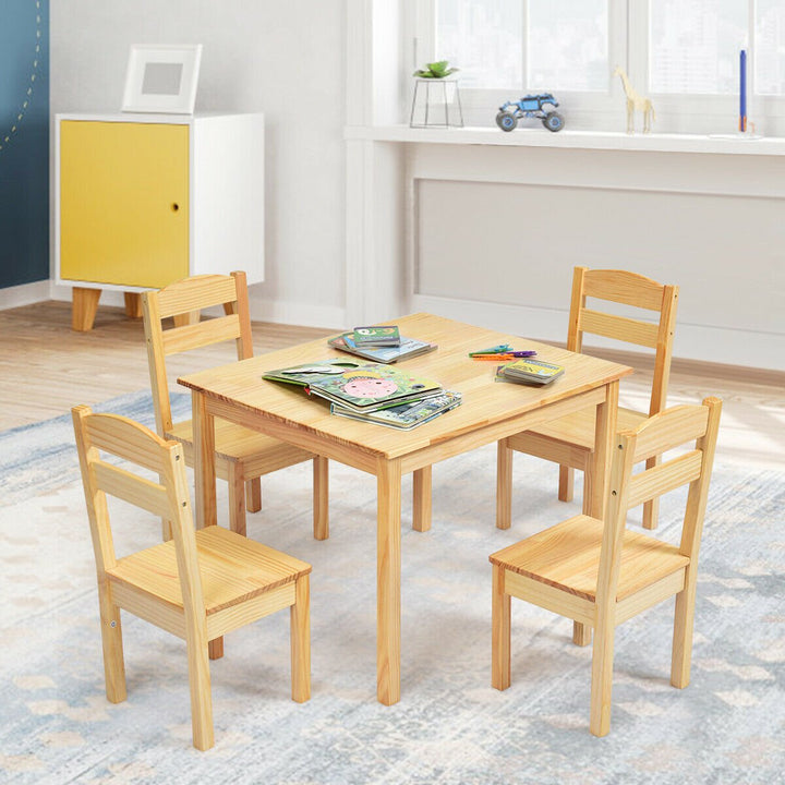 Kids 5 Piece Table Chair Set Pine Wood Children Play Room Furniture Natural Image 1