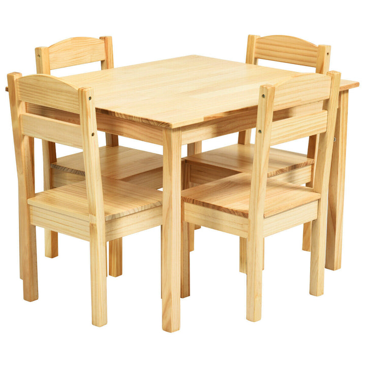 Kids 5 Piece Table Chair Set Pine Wood Children Play Room Furniture Natural Image 2