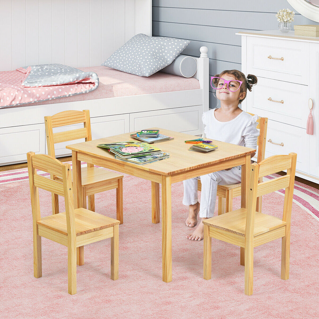 Kids 5 Piece Table Chair Set Pine Wood Children Play Room Furniture Natural Image 4