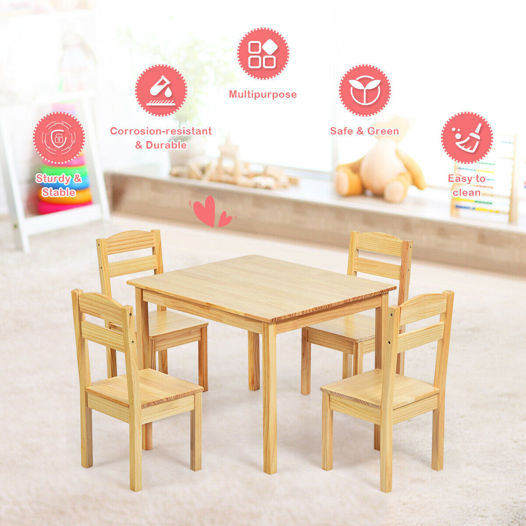 Kids 5 Piece Table Chair Set Pine Wood Children Play Room Furniture Natural Image 4