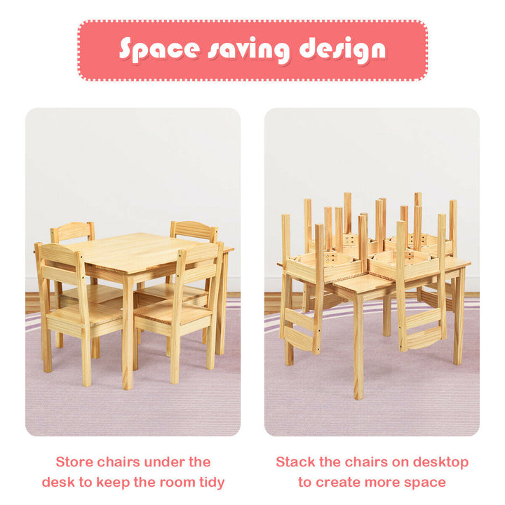 Kids 5 Piece Table Chair Set Pine Wood Children Play Room Furniture Natural Image 6