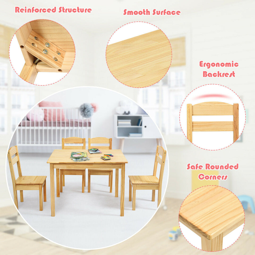 Kids 5 Piece Table Chair Set Pine Wood Children Play Room Furniture Natural Image 8