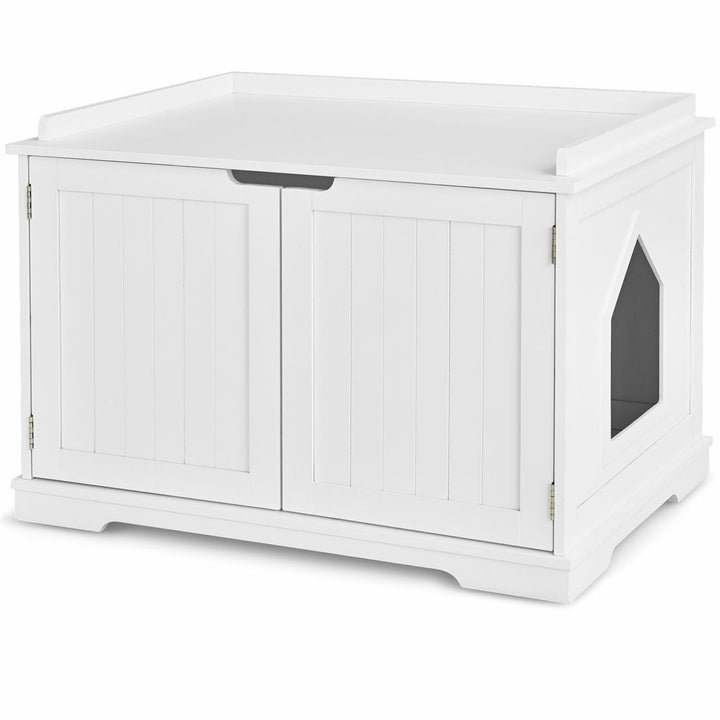 Cat Litter Box Wooden Enclosure Pet House Washroom Storage Bench White Image 1
