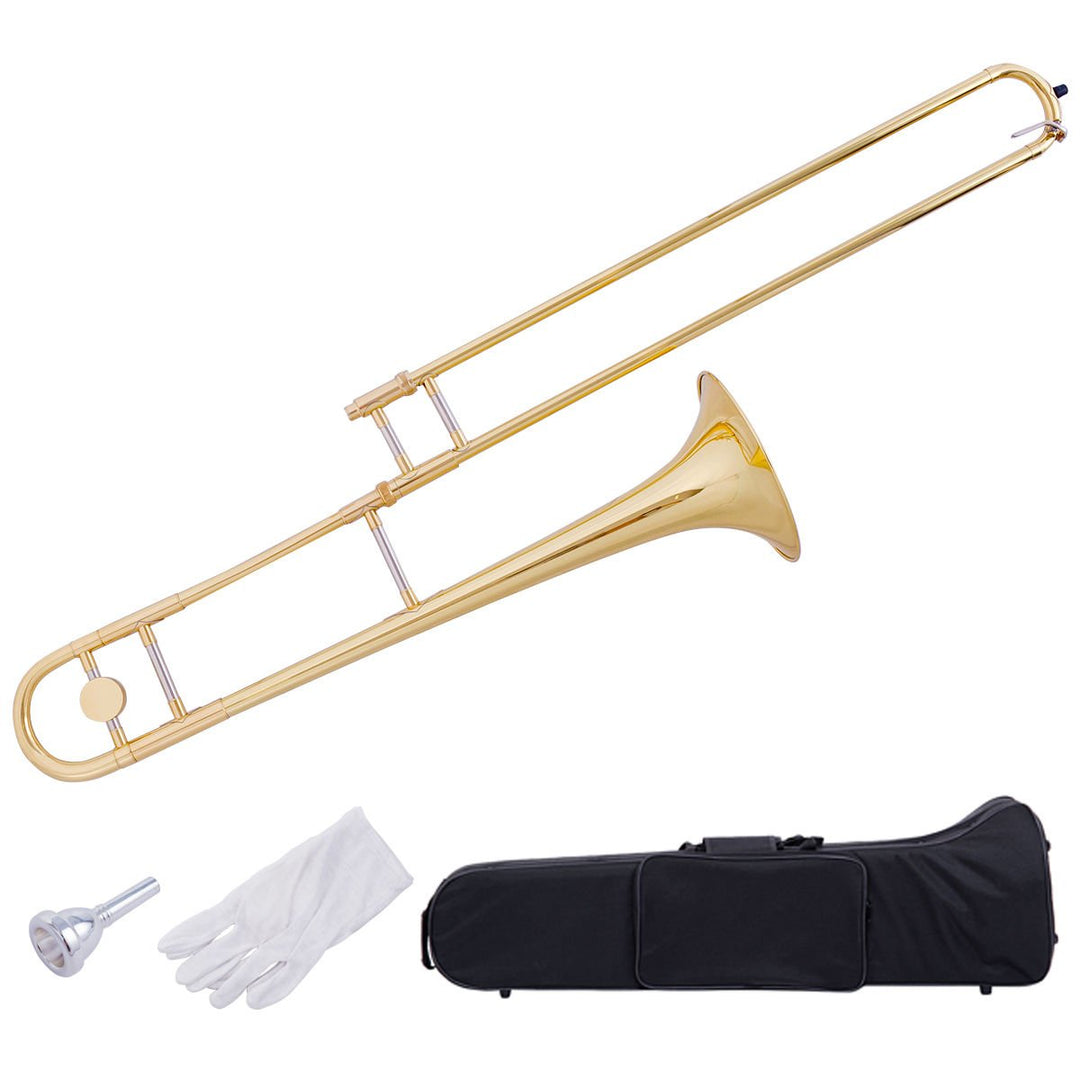 B Flat Trombone Gold Brass with Mouthpiece Case Gloves for Beginners Students Image 2