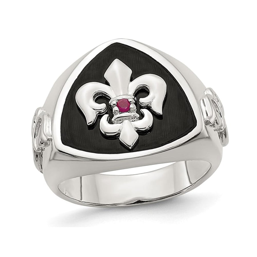 Mens Black Agate Fleur de Lis Ring with Accent Ruby in Sterling Silver Image 1