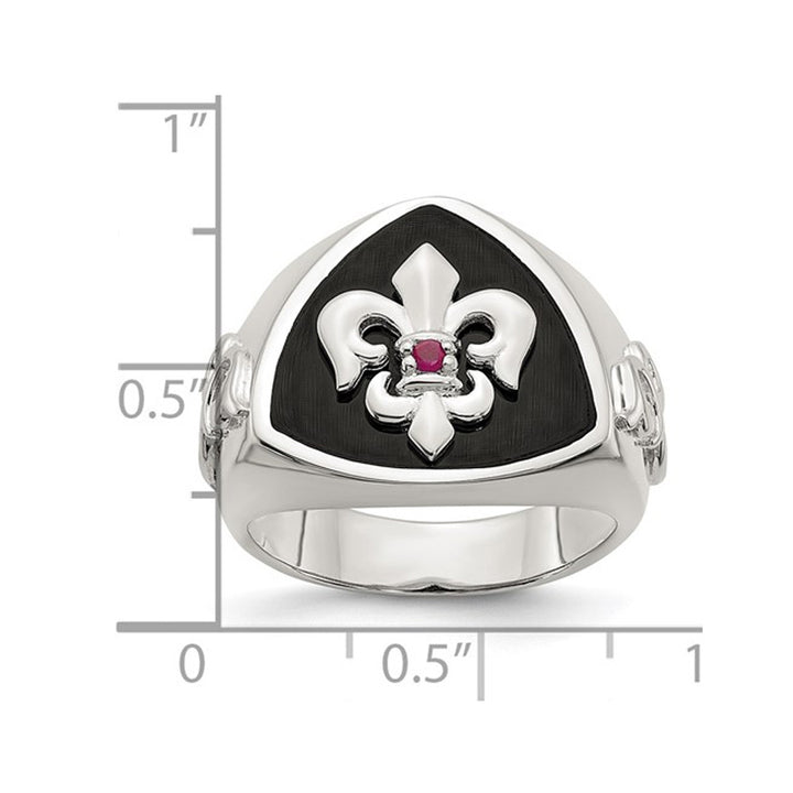 Mens Black Agate Fleur de Lis Ring with Accent Ruby in Sterling Silver Image 3