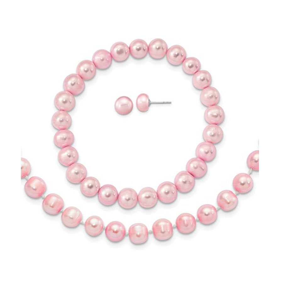 7-8mm Freshwater Cultured Pink Pearl Earrings Bracelet and Necklace Set in Sterling Silver Image 1