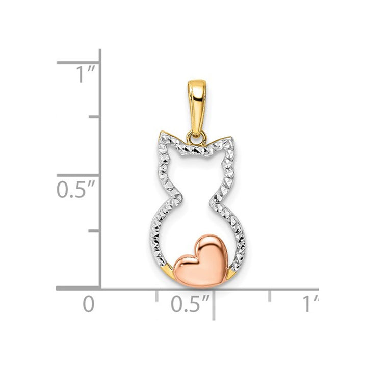 14K White Rose Pink Gold Diamond-Cut Heart Cat Pendant Necklace with Chain Image 3