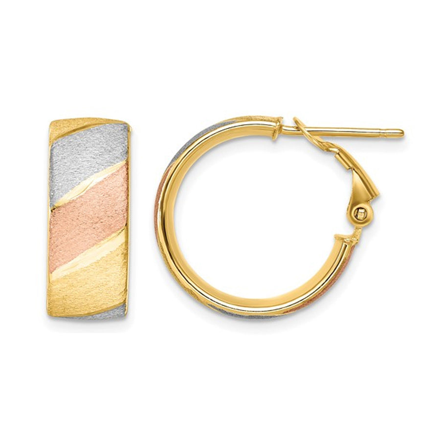 14K WhiteYellow and Pink Gold Brushed Hoop Huggie Earrings Image 1