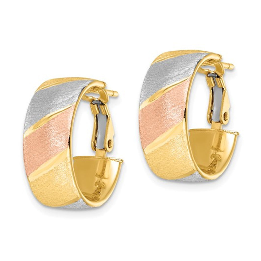 14K WhiteYellow and Pink Gold Brushed Hoop Huggie Earrings Image 3