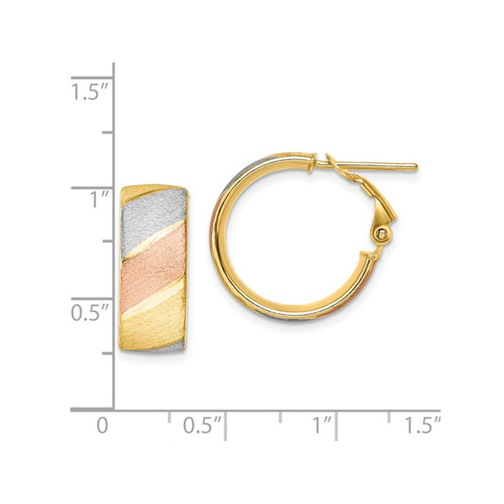 14K WhiteYellow and Pink Gold Brushed Hoop Huggie Earrings Image 4