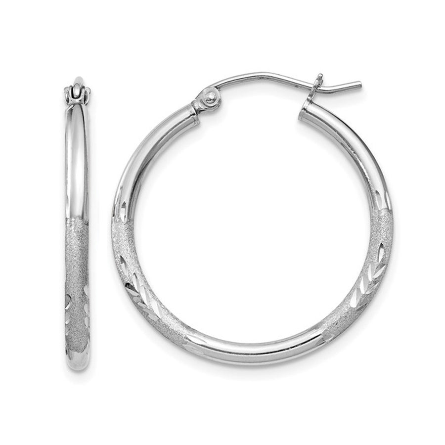 Small Satin and Diamond Cut Hoop Earrings in Sterling Silver 1 Inch (2.0mm) Image 1