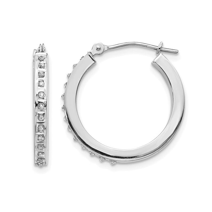 14K White Gold Hinged Hoop Earrings with Accent Diamonds(3/4 Inch) Image 1