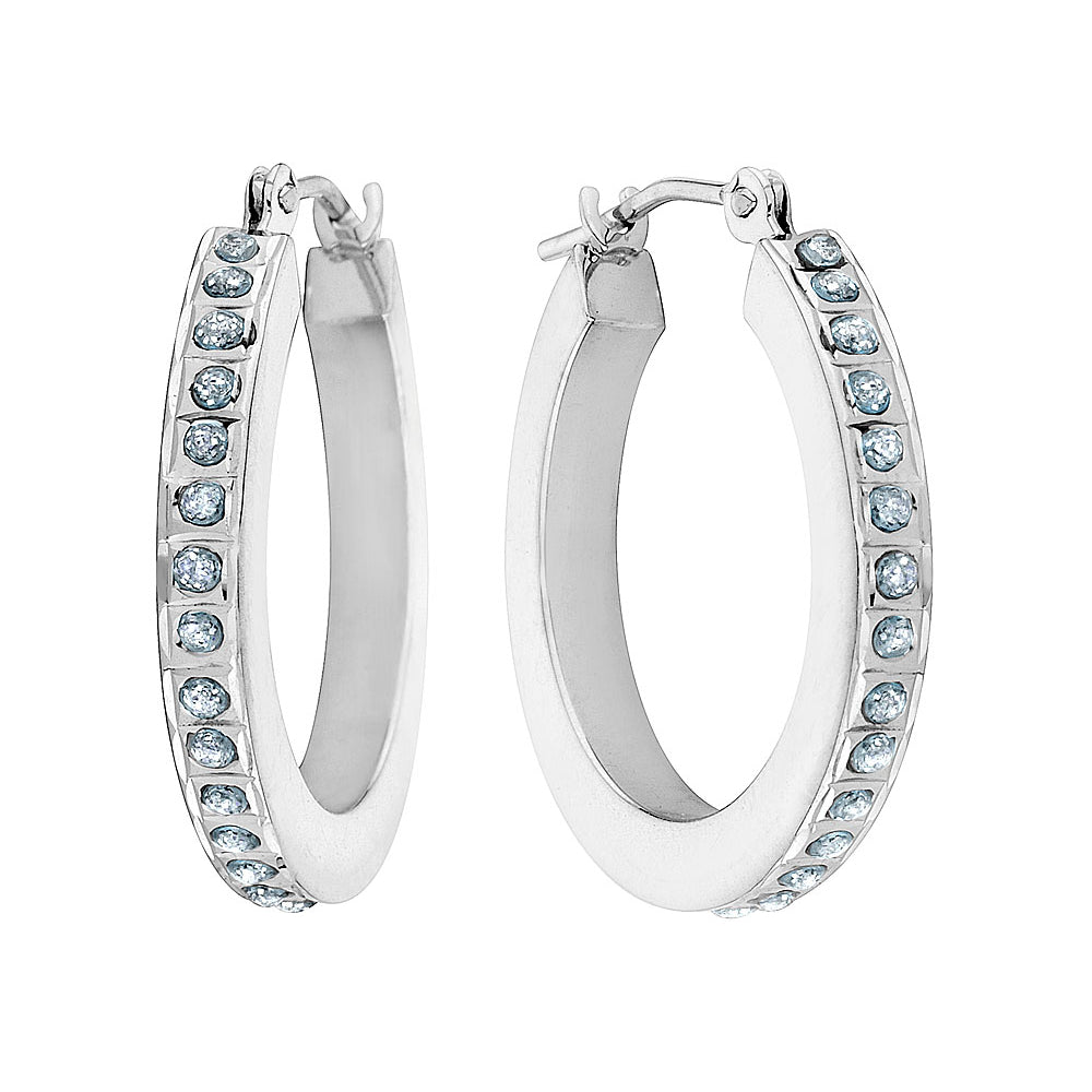 14K White Gold Hinged Hoop Earrings with Accent Diamonds(3/4 Inch) Image 2