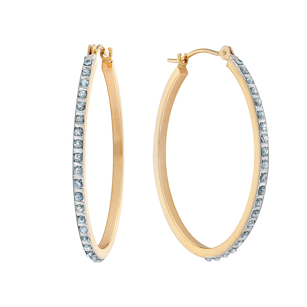 14K Yellow Gold Hoop Earrings with Diamonds Accents (1 1/4 Inch) Image 2