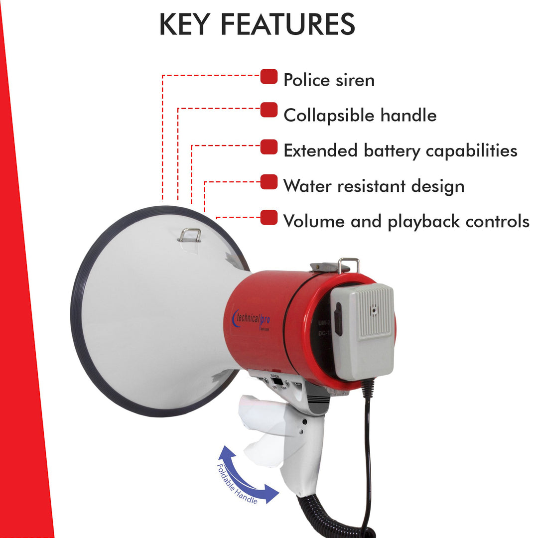 Technical Pro TPMPH40R Red Megaphone 75W Portable Bullhorn with Siren and Strap Image 4