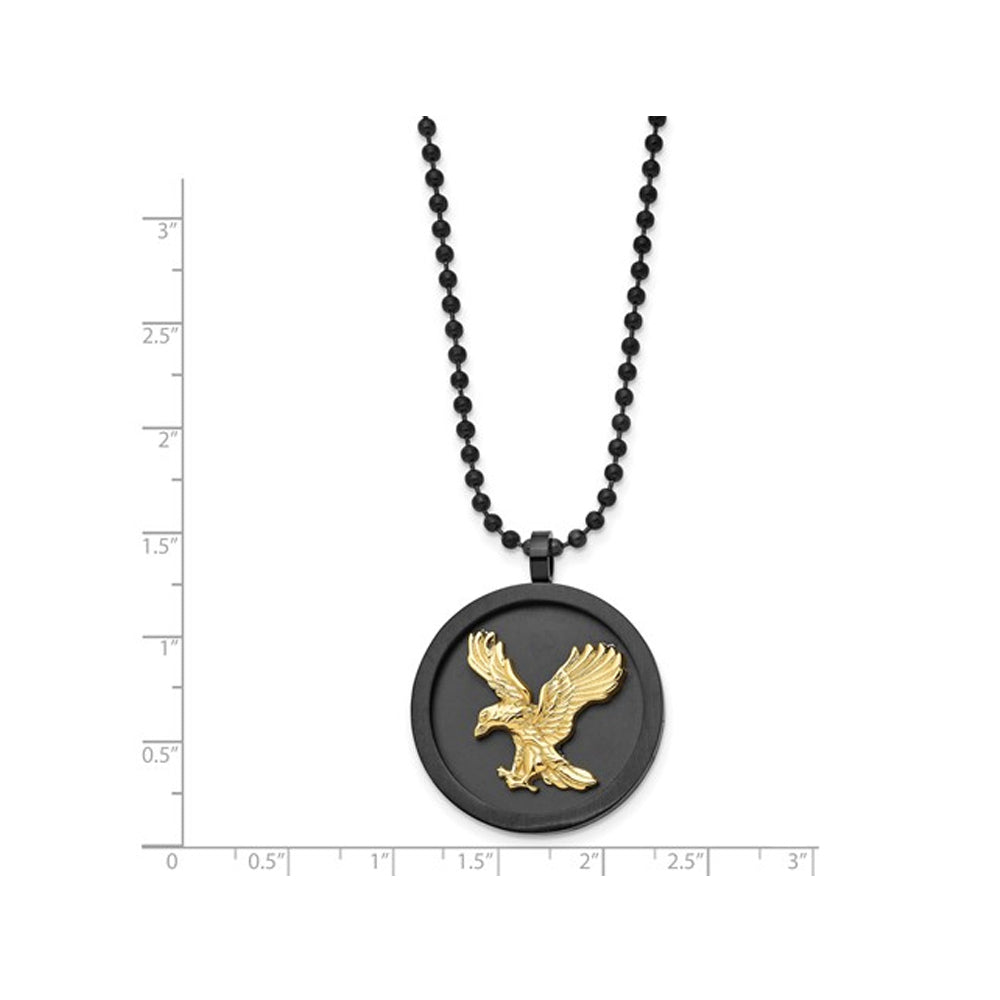 Black Stainless Steel Disc Charm with Gold Plated Eagle and 24 Inch Chain Image 2
